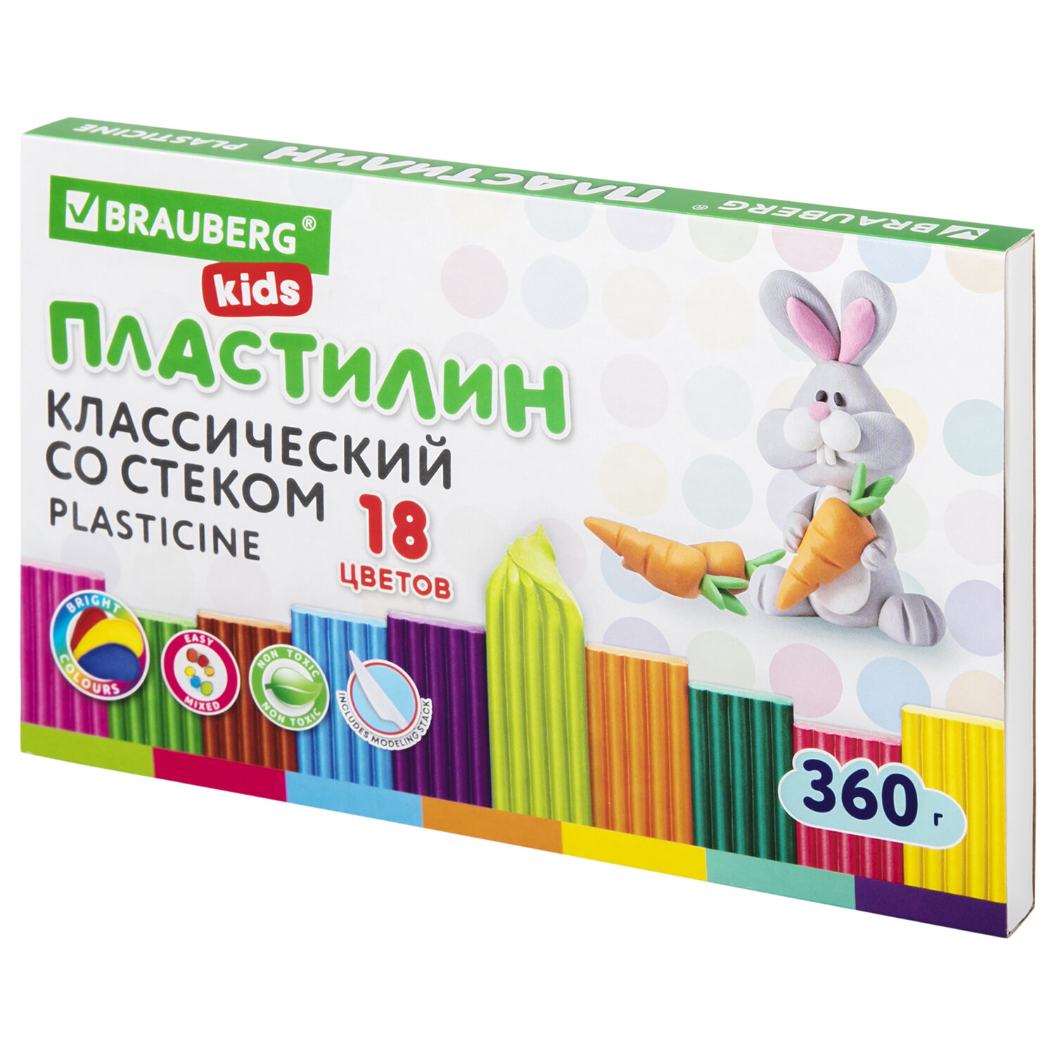 Пластилин 18 цв. BRAUBERG KIDS, 360 г, со стеком, 106510